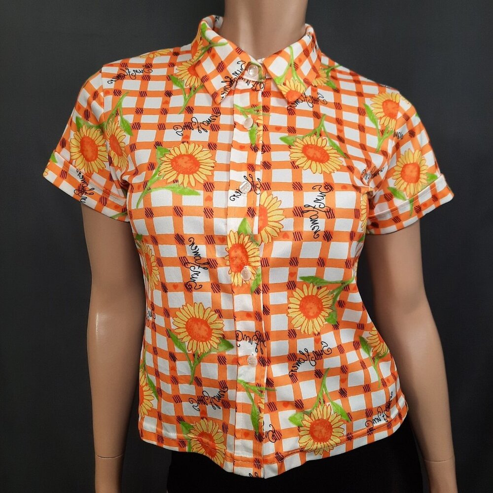 Vintage 90s Sunflower Print Button Up Blouse Orange White Check S short sleeve